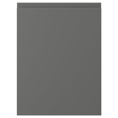 A sleek, dark grey VOXTORP cabinet front. It has a smooth, modern design with integrated handles.