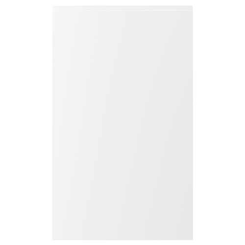VOXTORP door with matte white surface, minimalist design, integrated handles, durable material.