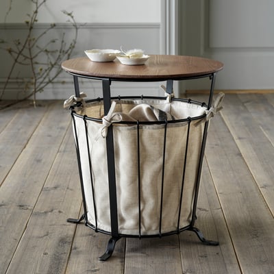 ÄNGESBYN Mesa de almacenamiento, negro/pino tinte café claro, 43 cm