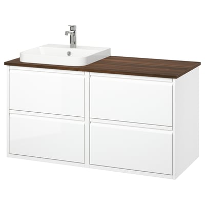 ÄNGSJÖN / BACKSJÖN Mueble de lavabo/lavabo, alto brillo blanco/café efecto nogal, 125x55x72 cm