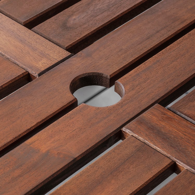 ÄPPLARÖ Mesa, 6 sillas y banca, exterior - tinte café/Kuddarna gris - IKEA