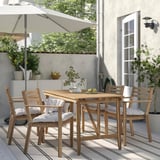 ASKHOLMEN Mesa y 4 sillas, exterior, acacia/Kuddarna gris claro/beige, 143x75 cm