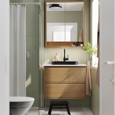 BACKSJÖN Lavabo semiempotrado+trampa agua, negro, 51x50 cm