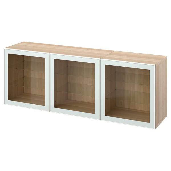 BESTÅ Almacenaje con puertas, efecto roble tinte blanco Glassvik/blanco/verde claro vidrio incoloro, 180x42x65 cm
