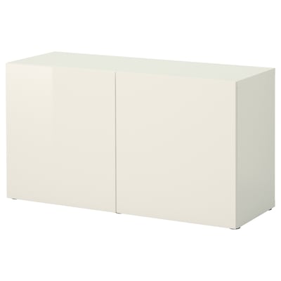 BESTÅ Estante con puertas, blanco/Selsviken alto brillo/blanco, 120x42x64 cm