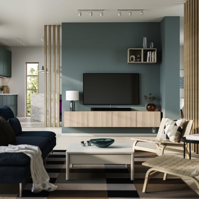 BESTÅ Mueble de TV con puertas, efecto roble tinte blanco/Lappviken efecto roble tinte blanco, 240x42x38 cm