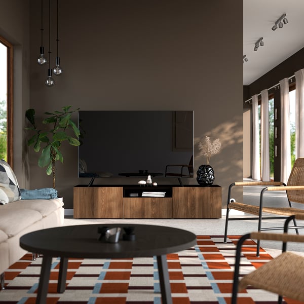 BESTÅ Mueble de TV, negro-café/Lappviken efecto nogal, 180x42x39 cm