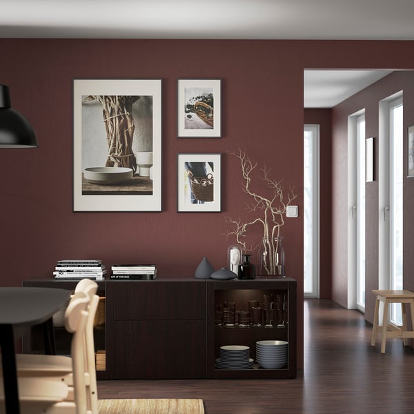 BESTÅ Solución Almacenamiento con cajones, negro-café Lappviken/Sindvik vidrio transparente negro-café, 180x42x65 cm