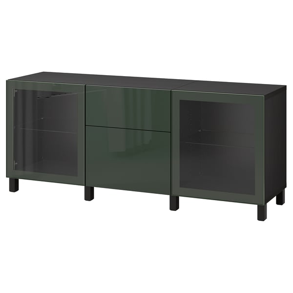 BESTÅ Solución Almacenamiento con cajones, negro-café Selsviken/Stubbarp/Verde oliva oscuro vidrio incoloro, 180x42x74 cm
