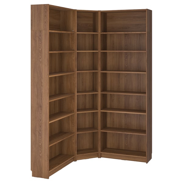 BILLY Comb libreros esq+módulos extens, café efecto nogal, 136/136x28x237 cm