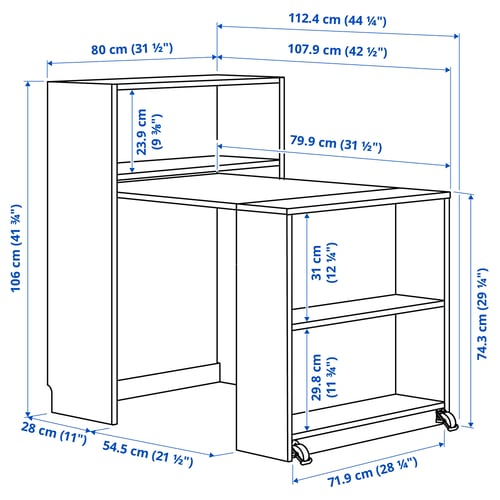 BILLY Librero con mesa plegable, blanco, 80x33/112x106 cm