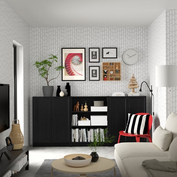 BILLY / OXBERG Combinación libreros con puertas, negro efecto roble, 240x30x106 cm