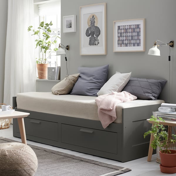 BRIMNES Estructura diván-cama y 2 cajones, gris, Individual - IKEA