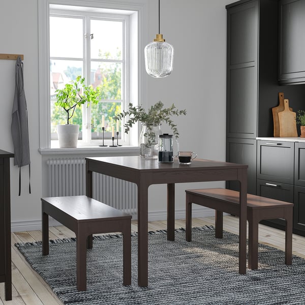 EKEDALEN / EKEDALEN Mesa y 2 bancas, café oscuro/café oscuro, 120/180 cm