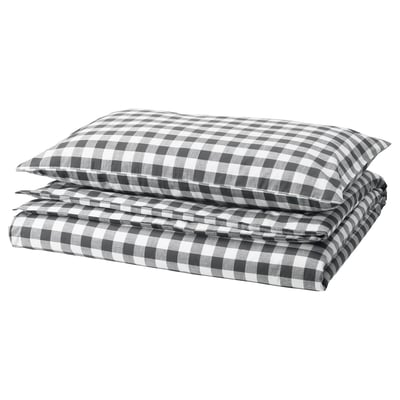 EKTANDVINGE Funda nórdica +funda(s) de almohada, carbón blanco/a cuadros, Individual