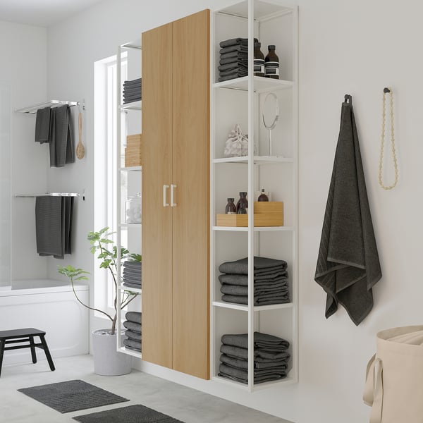 ENHET Combinación de almacenamiento, blanco/efecto roble, 122x32x183 cm