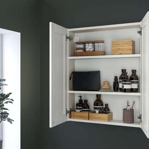 ENHET Gabinete de pared 2 prtas c/espejo, blanco/blanco Estructura, 61x17x76 cm