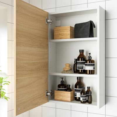 ENHET Gabinete de pared con 1 puerta, blanco/efecto roble, 46x17x76 cm