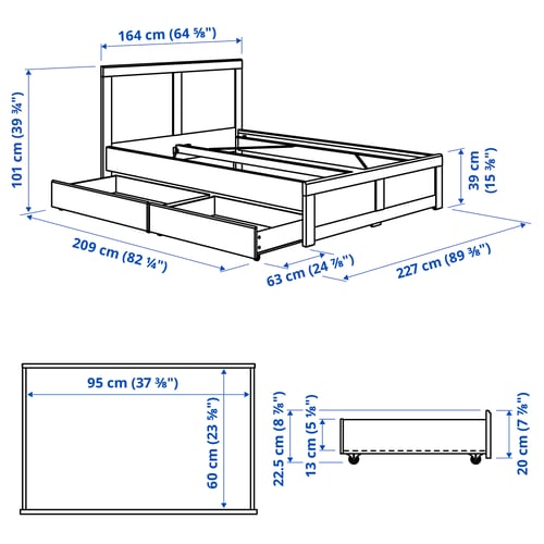FÅGELFJÄLLET Base de cama con 2 cajones, hueso/Luröy, Queen