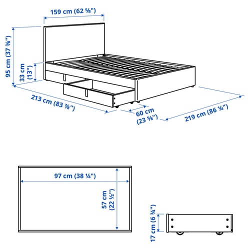 GLADSTAD Cama tapizada con 2 cajones, Kabusa gris claro, Queen
