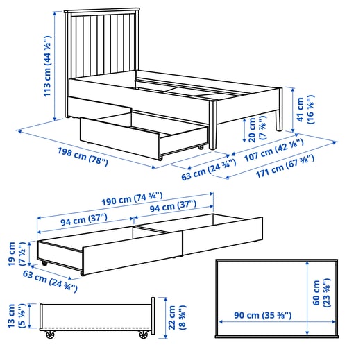GULLABERG Base de cama con 2 cajas, blanco, Individual