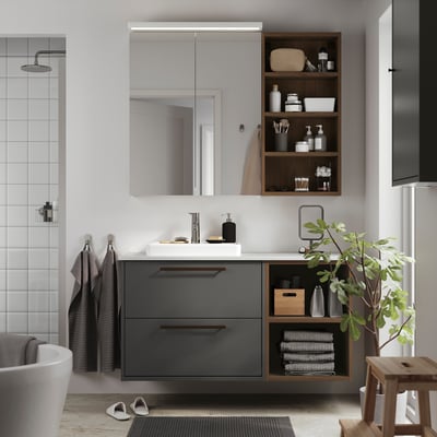 HAVBÄCK / ORRSJÖN Mueble de lavabo/lavabo, Gris oscuro/café efecto roble/blanco efecto mármol, 125x55x72 cm