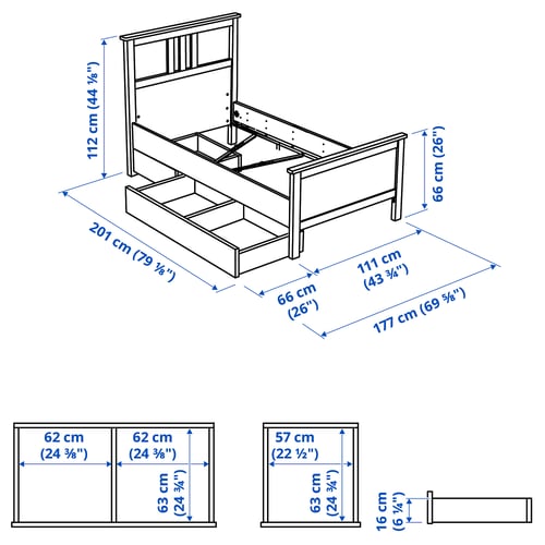HEMNES Base de cama con 2 cajones, negro-café/Luröy, Individual