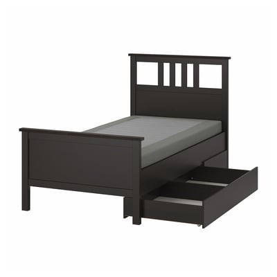 HEMNES Base de cama con 2 cajones, negro-café/Lyngör gris oscuro, Individual