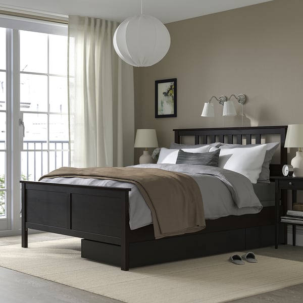 HEMNES Base de cama con 2 cajones, negro-café/Lyngör gris oscuro, King