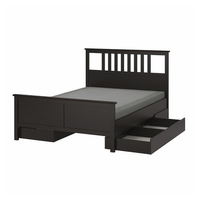 HEMNES Base de cama con 4 cajones, negro-café/Lyngör gris oscuro, King
