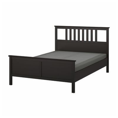 HEMNES Base de cama, negro-café/Lyngör gris oscuro, King