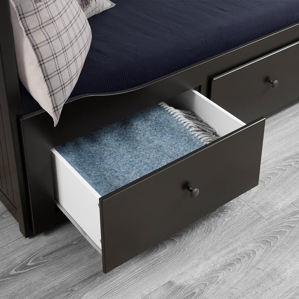 HEMNES Diván-cama, 2 colchones, 3 cajones, negro-café/Åsvang firme, Individual