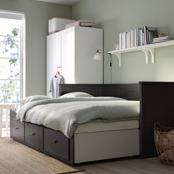 HEMNES Diván-cama, 2 colchones, 3 cajones, negro-café/Åsvang firme, Individual