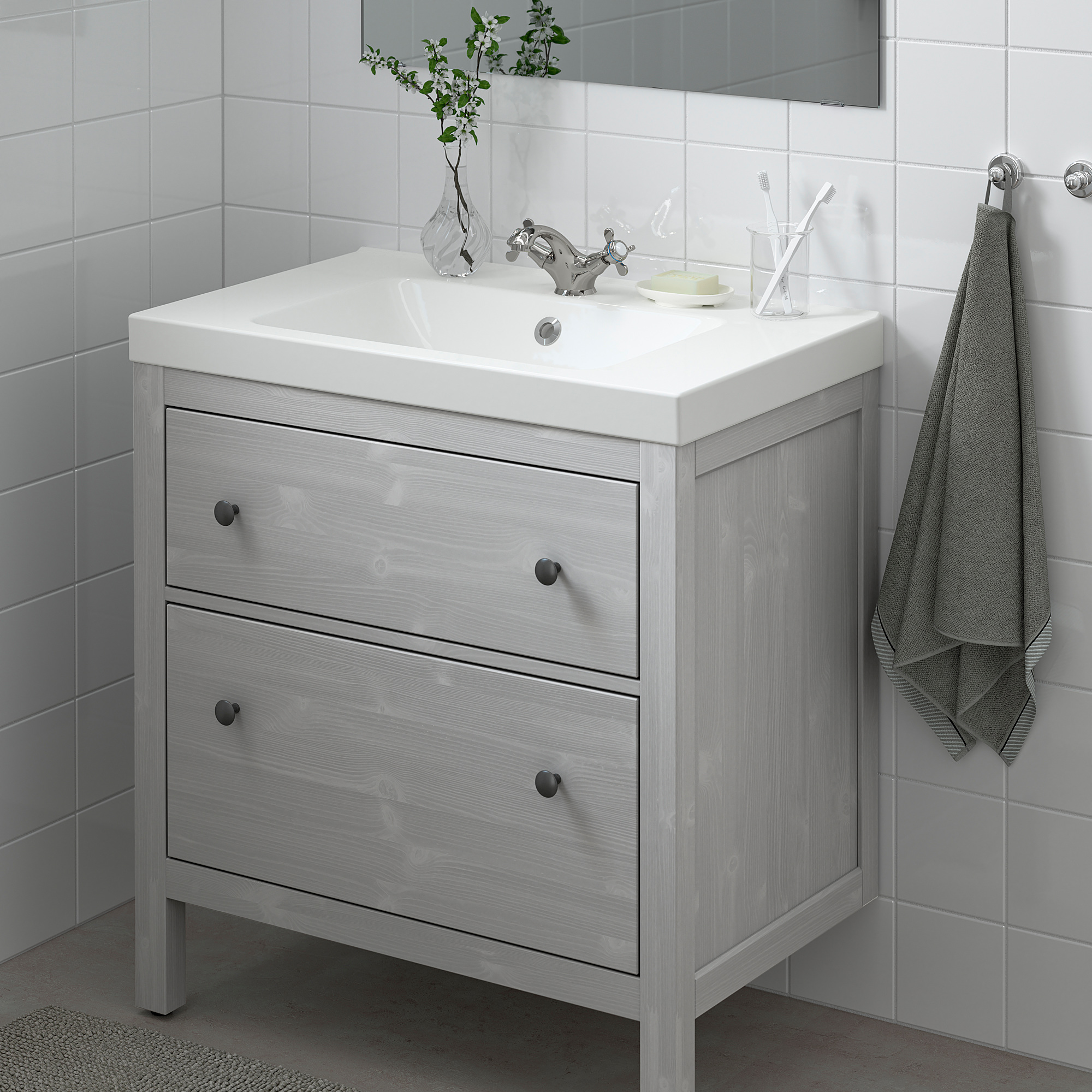 HEMNES / ODENSVIK Mueble de lavabo con 2 cajones gris/Runskär grifo