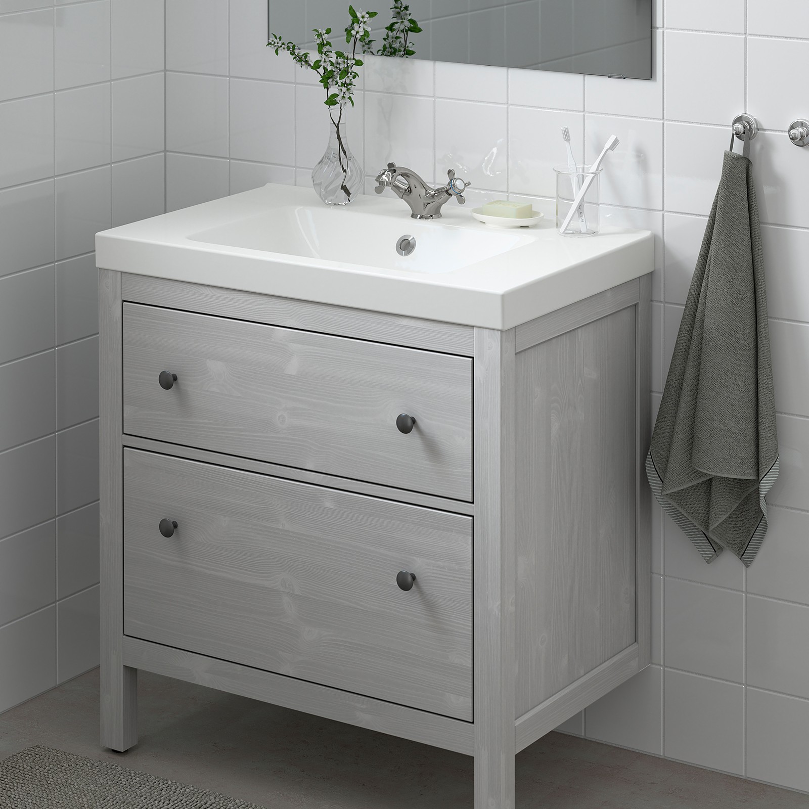 HEMNES / ODENSVIK Mueble de lavabo con 2 cajones gris/Runskär grifo
