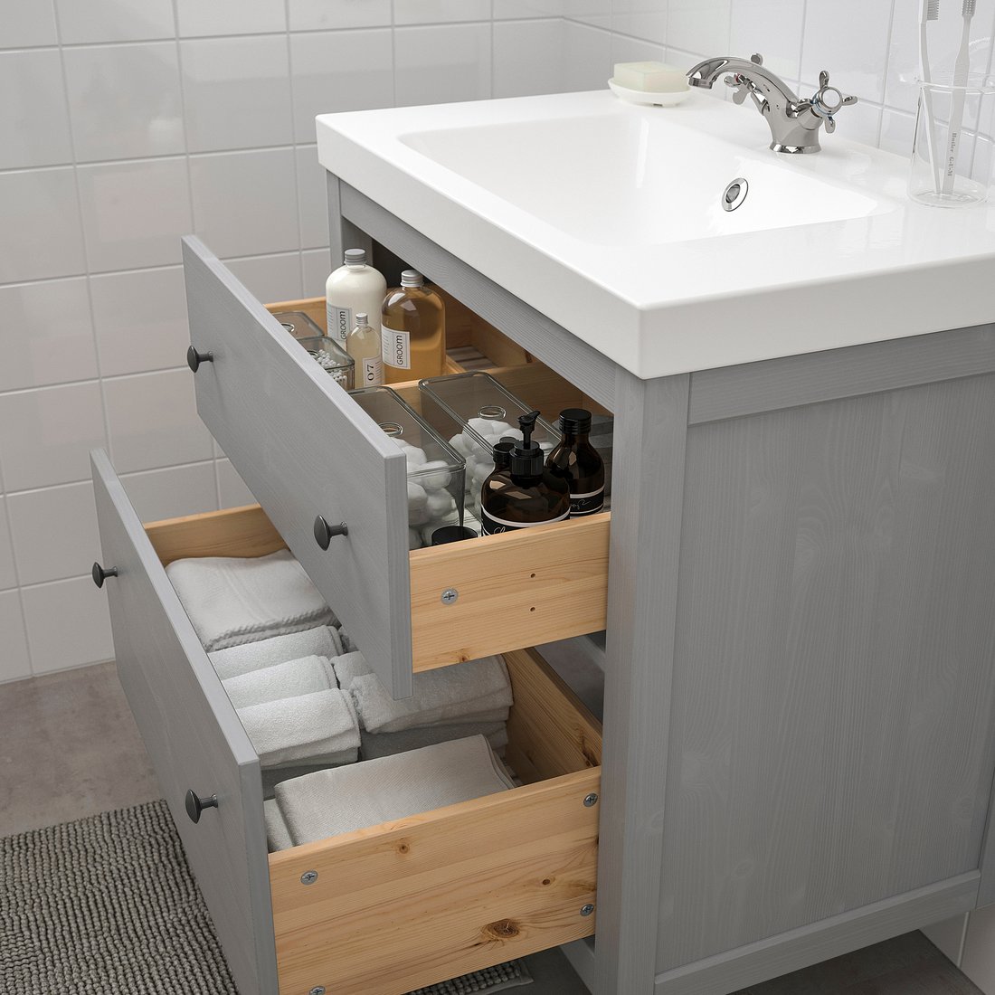 HEMNES / ODENSVIK Mueble de lavabo con 2 cajones gris/Runskär grifo
