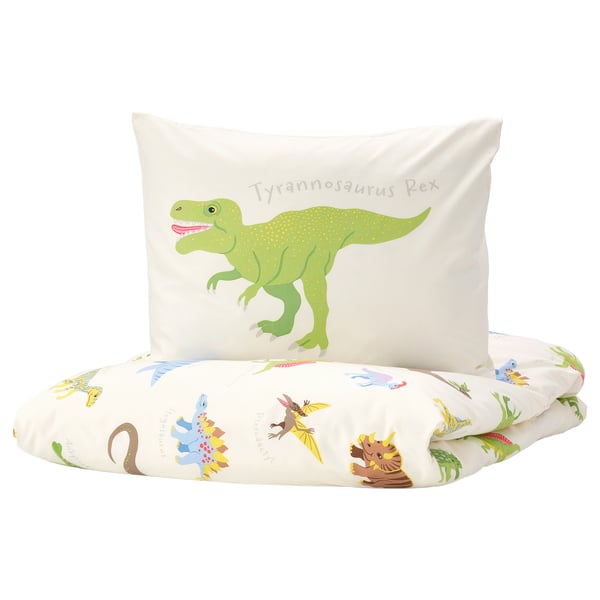 JÄTTELIK Funda nórdica y funda de almohada, Dinosaurios/blanco, Individual