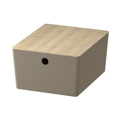 KUGGIS Caja con tapa, gris beige/bambú, 26x35x15 cm