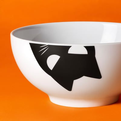 KUSTFYR Tazón, blanco/gato negro, 13 cm