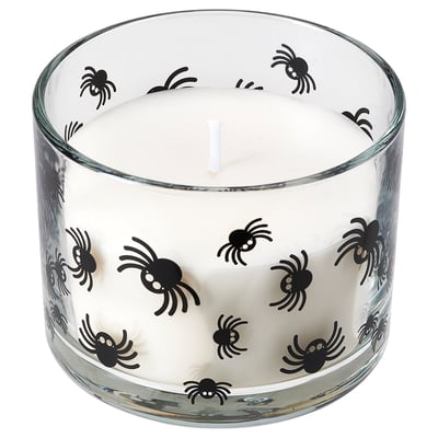 KUSTFYR Vela aromática en vaso, dulces estampado de araña/vidrio incoloro, 20 hr