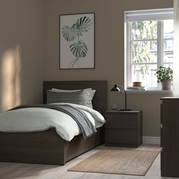 MALM Base de cama, alta, con 2 cajones, café oscuro chapa/Luröy, Individual