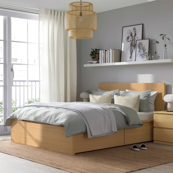 MALM Base de cama, alta, con 2 cajones, chapa roble, Matrimonial