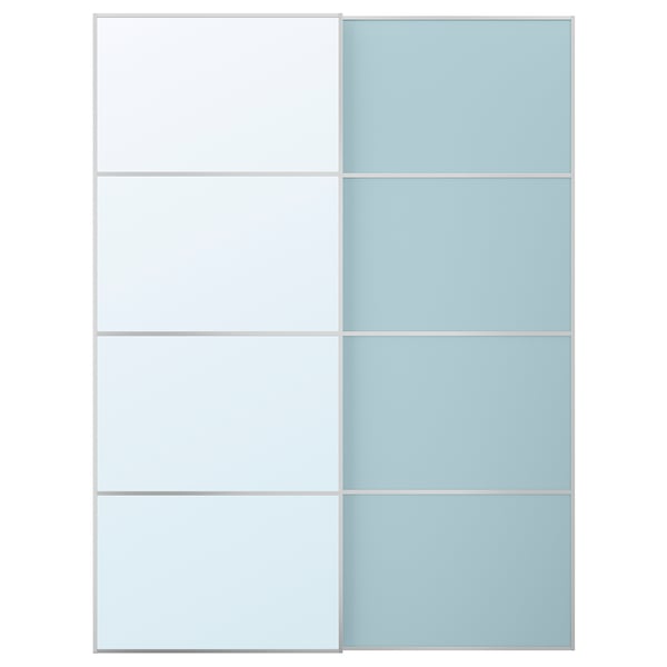 MEHAMN/AULI Par de puertas corredizas, aluminio ambos lados/azul claro espejo, 150x201 cm