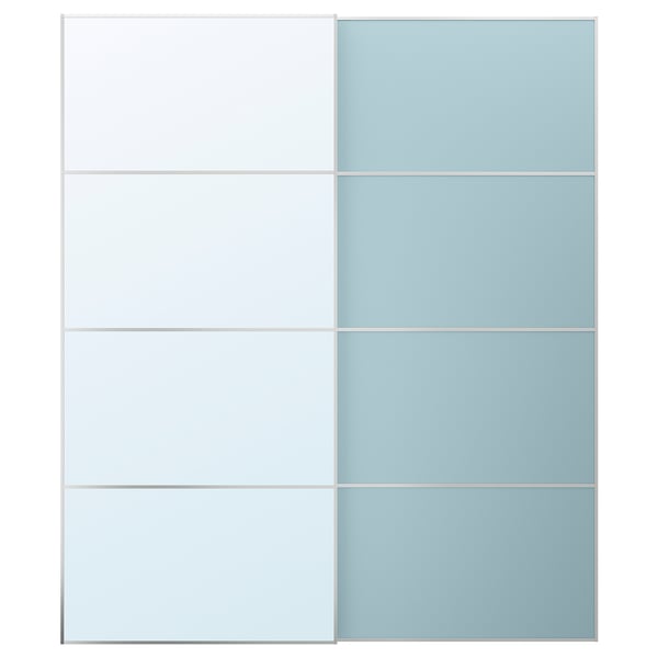 MEHAMN/AULI Par de puertas corredizas, aluminio ambos lados/azul claro espejo, 200x236 cm