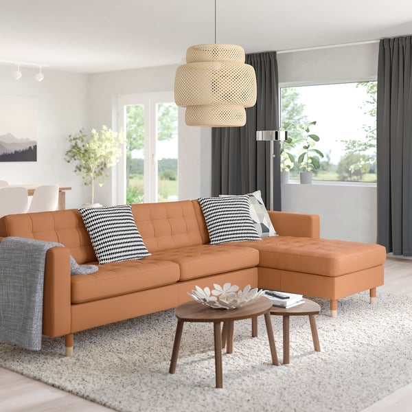 MORABO Sofá de 4 asientos c/chaise longue, Grann/Bomstad marrón dorado/madera
