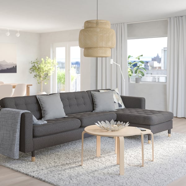 MORABO Sofá de 4 asientos c/chaise longue, Gunnared gris oscuro/madera