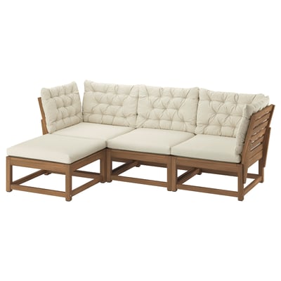 NÄMMARÖ Sofá de 3 asientos, exterior +taburete/tinte café claro Kuddarna beige grisáceo claro, 210 cm