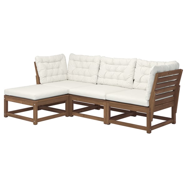 NÄMMARÖ Sofá modular 3 asientos jardín, +taburete tinte café claro/Kuddarna gris claro/beige