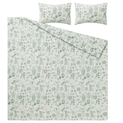 NÅLBJÖRNBÄR Juego de edredón, blanco verde grisáceo/motivo floral, Matrimonial/Queen