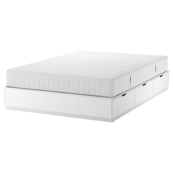 NORDLI Base de cama+almacenaje y colchón, blanco/Valevåg Firmeza media, King